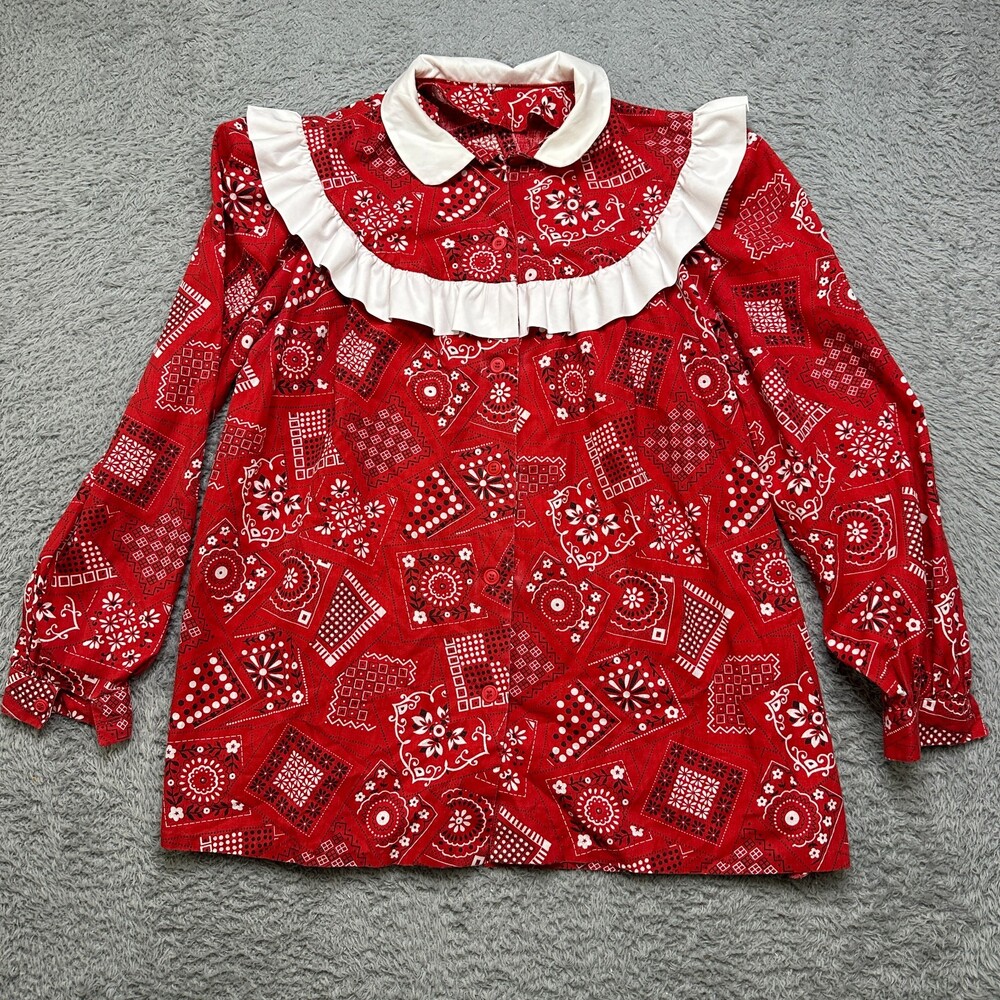Vintage Bandana Print Blouse Womens M Red Shirt Western Rodeo Square Dance